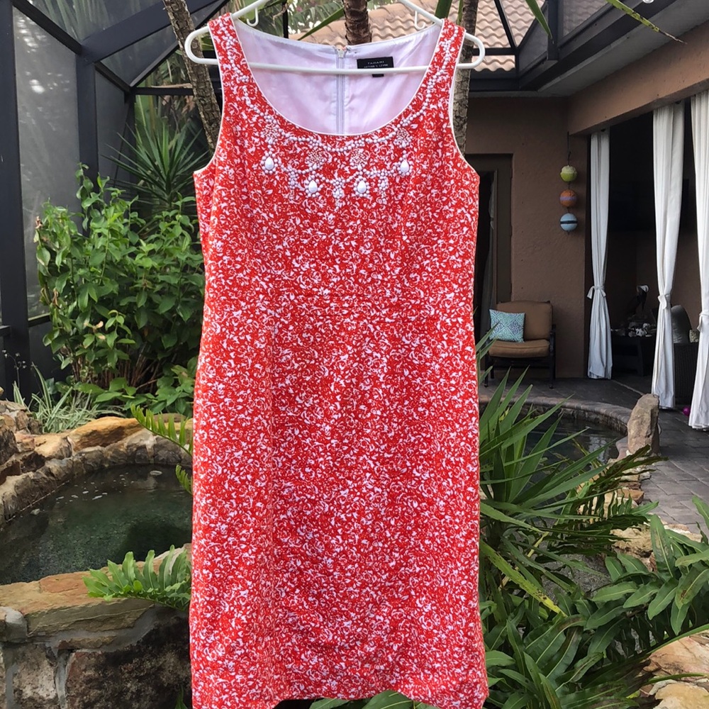 Tahari orange and white scoop neck beaded shift